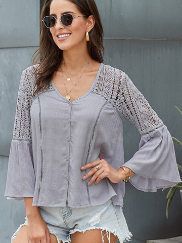 Lace Pattern Shirt Women's Trendy V-Neck Long Sleeve Crochet Print Loose Top Aosig